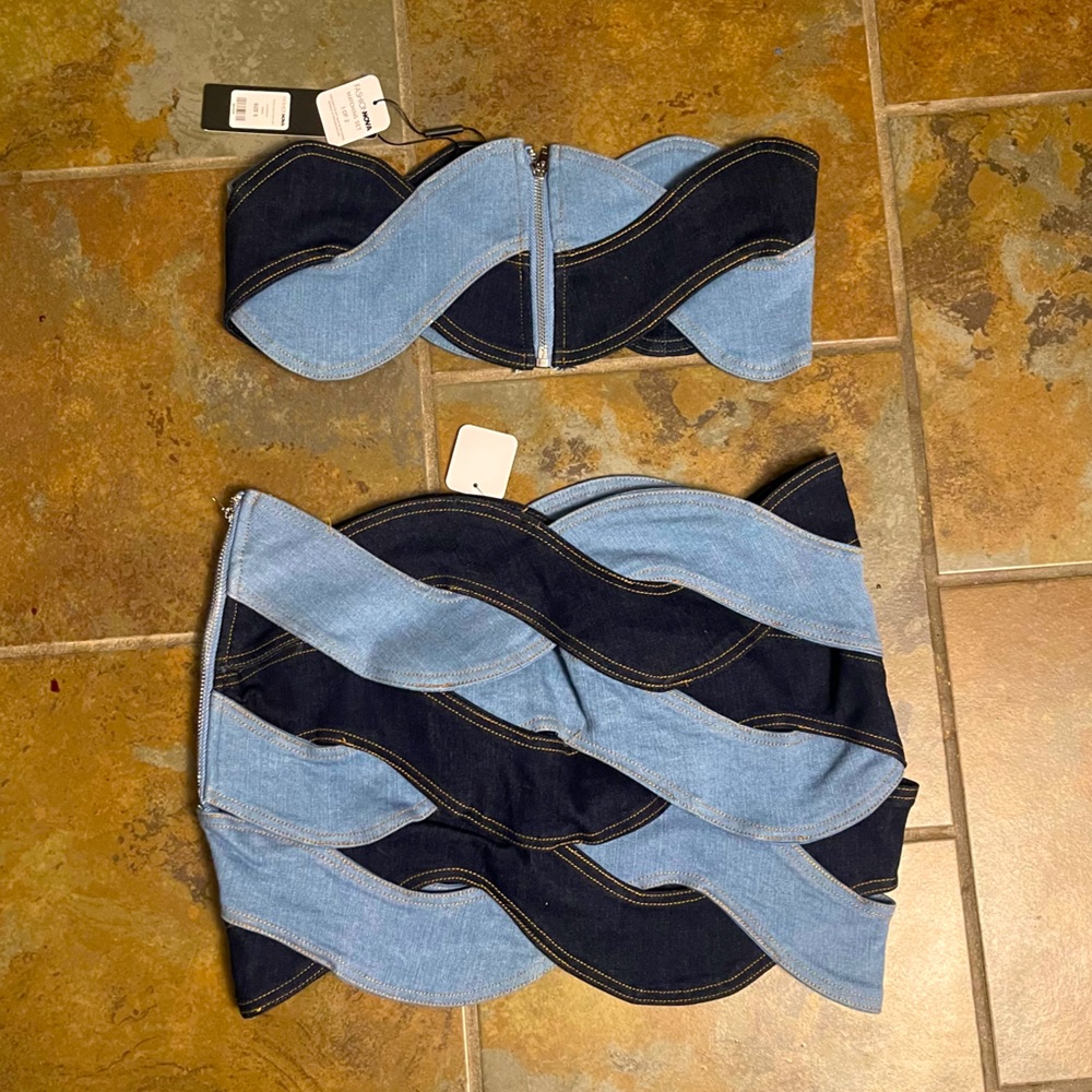 Fashion Nova Light Blue & Dark Blue Wave Denim Skirt Set - Picture 5 of 5
